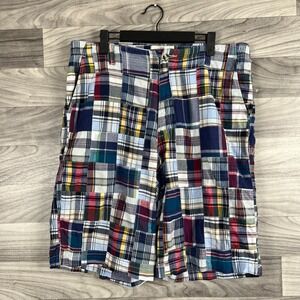 Andrew Fezza Bermuda Shorts Mens 36 Multicolor Plaid Patchwork Flat Front Casual